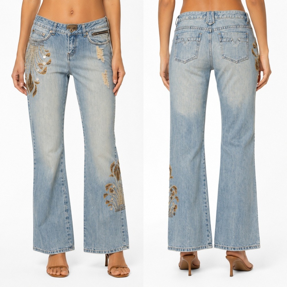Peppe Peluso Jeans 30x32 Beaded Embroidered Flare Light Wash Low Rise Y2K Boho